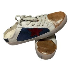 ShuShop Women's Mules with Gold, Blue, and Red Accents